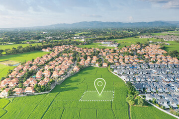 Wall Mural - land plot in aerial view. gps registration survey of property, real estate for map with location, ar