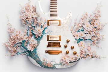 Canvas Print - electric guitar, surrounded by blooming cherry blossoms, on white background, created with generative ai