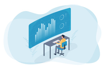 Wall Mural - flat vector business people working for data analytics and monitoring on web report dashboard monitor and business finance investment concept