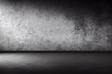 Poster - Light grey concrete wall with grunge rough texture with cracks on bottom close to black plain floor. Abstract cement background.., created with generative ai