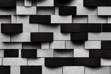 Poster - Black and white horizontal striped wall design from concrete rough long blocks. Abstract industrial cement grunge texture made minimalist urban background, created with generative ai