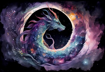 Wall Mural - watercolor illustration of a mesmerizing cosmos dragon with universe and colorful galaxies inside it
