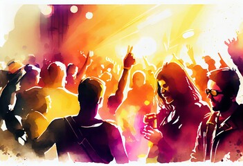 Watercolor Illustration of a Party People Enjoy Concert By Dancing In Nightclub Party. Generative AI