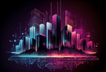 Wall Mural - watercolor illustration of a smart city and big data concept. futuristic cityscape at night with neo
