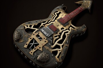 Canvas Print - electric guitar with skull and crossbones design on the body, created with generative ai