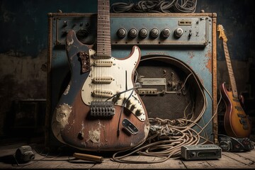 Wall Mural - electric guitar, surrounded by mix of vintage and modern equipment, created with generative ai