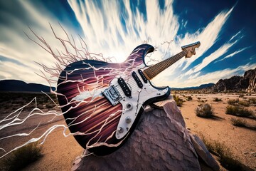 Wall Mural - electric guitar, with its strings being played by the wind, in scenic nature shot, created with generative ai