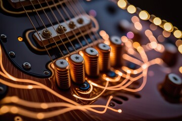 Wall Mural - close-up of electric guitar strings, with their shimmering and resonant tones, created with generative ai