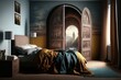 Modern bedroom illustration with portal to a medieval universe, fantasy concept. Generative AI