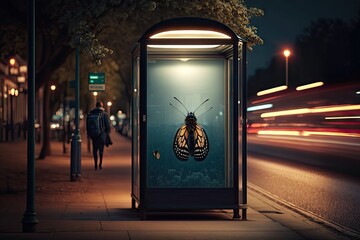 Canvas Print - bus stop with flickering streetlamp, and the sound of night insects in the background, created with generative ai