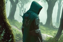 Hooded Archer Illustration, Forest With Green Fog, Fantasy Concept. Generative AI