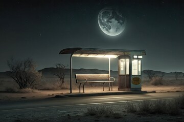 Sticker - a deserted bus stop at night, with only the moon shining overhead, created with generative ai