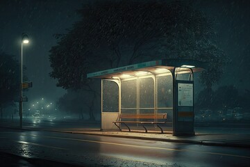 Sticker - empty bus stop, with broken bench and flickering street lights, at night, created with generative ai