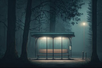 Sticker - bus stop with dimly-lit lanterns and bench, surrounded by dark and misty forest, created with generative ai