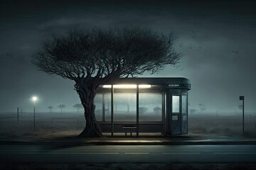 Sticker - a mysterious empty bus stop with a dark and eerie atmosphere, perfect for horror movies, created with generative ai