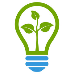 light bulb, green and blue color eco friendly energy icon with leaf. sustainable, renewable, logo co