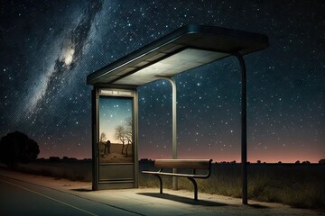 Poster - bus stop, with view of the night sky, and stars visible overhead, created with generative ai