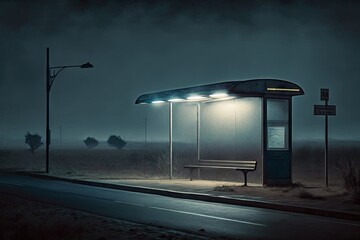 Poster - a deserted bus stop with a single light illuminating the bench, creating a eerie and mysterious atmosphere, created with generative ai