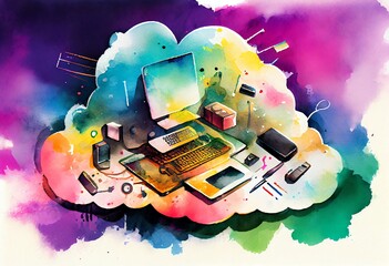 Wall Mural - watercolor illustration of a cloud computing technology concept background, digital illustration. ge