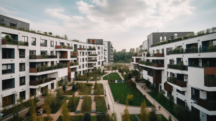 Poster - Modern apartment buildings in a green residential area in the city, generative ai