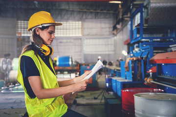 Confident caucasian engineering woman factory worker wearing safety hard hat holding blueprint for work in metal sheet factory.