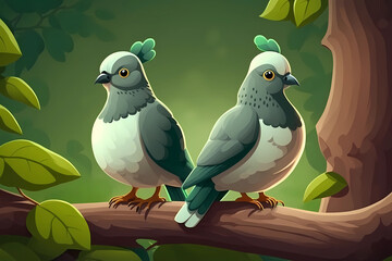 Victor illustration of two cute doves sitting on a tree branch in a green forest, generative ai.