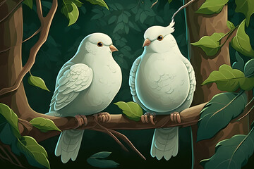 Victor illustration of two cute doves sitting on a branch in a green forest, generative ai.