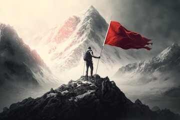 climber with flag conquering top of mountain on hand. generative ai