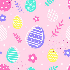 Wall Mural - Abstract Easter texture with eggs and flowers on pink background. Minimal design. Vector illustration