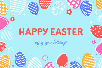 Wall Mural - Easter greeting card with eggs and flowers. Minimal design with text. Vector illustration