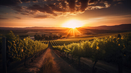 Wall Mural - Vineyards at sunset, generative ai