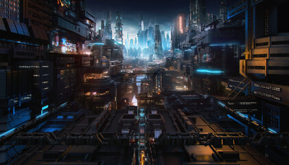 future smart city skyline panorama. futuristic cyberpunk citycape at night creative concept illustra