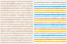 Cute Abstract Geometric Vector Patterns. Blue, Beige, Orange And Yellow Stripes Isolated On A White Background. Irregular Infantile Style Brush Stripes Repeatable Design Ideal For Fabric, Textile.