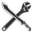 Machete with construction plumbing wrench spanner icon, sharp knife melee weapon of hunter in jungle. Black and white vector isolated on white background