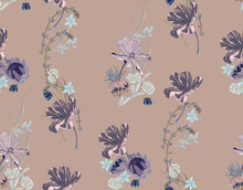 Flowers And Leaves In Vintage Style, Seamless Pattern.	