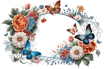 Wall Mural - Flowers and butterfly, round floral frame design element, illustration generative AI