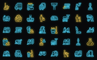 Poster - Sweeper icons set outline vector. Street truck. Machine broom neon color on black