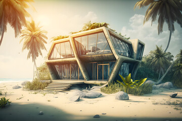 Home or house Exterior design showing tropical villa with greenery garden sunset. Generative AI