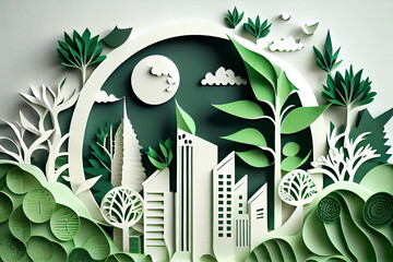 Wall Mural - Paper art style , Paper cut of eco city design Green energy concept and environment conservation