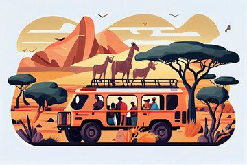 people in safari tour, savanna wild landscape vector illustration. cartoon group of tourist characte