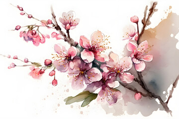 spring pink flowers of Japanese cherry sakura on a white background, watercolor, Generative AI 2