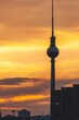 Vertical shot of the TV Tower against a cloudy sunset sky in Berlin, Germany