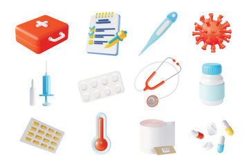 Sticker - 3d Health Care Concept Plasticine Cartoon Style Elements Include of Medical Syringe and Stethoscope. Vector illustration