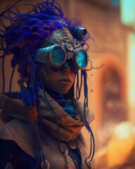 female futuristic nomadic character with purple dreadlocks wearing goggles
