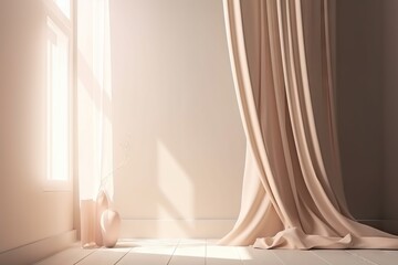 Wall Mural -  a room with a window, a vase, and a curtain in the corner of the room with the sun shining through the window and the curtains.  generative ai