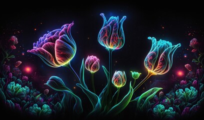 Wall Mural -  a painting of flowers in a field of flowers with a black background and a blue sky in the background with stars and a bright glow.  generative ai