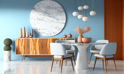 Poster -  a dining room with a marble table surrounded by white chairs and a round mirror on the wall above the dining room table is a marble table with white chairs.  generative ai