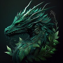 Nature Protector Magic Green Dragon Surrounded By Green Leaves