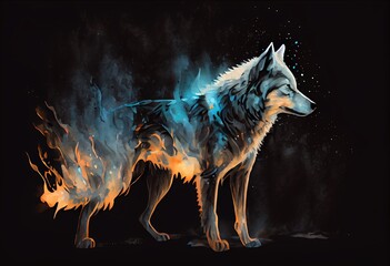 Watercolor Illustration of a Wolf In The Night, A Drawing Of A Wolf Highlighted With Ice Blue Bright Flames On Black Background. Generative AI