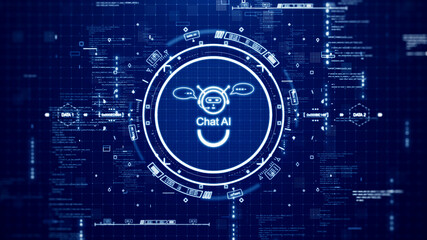 Leinwandbilder - Chat AI technology concept on blue background. Artificial intelligence or smart assistant training with a big database. searching for information with an automatic reply.